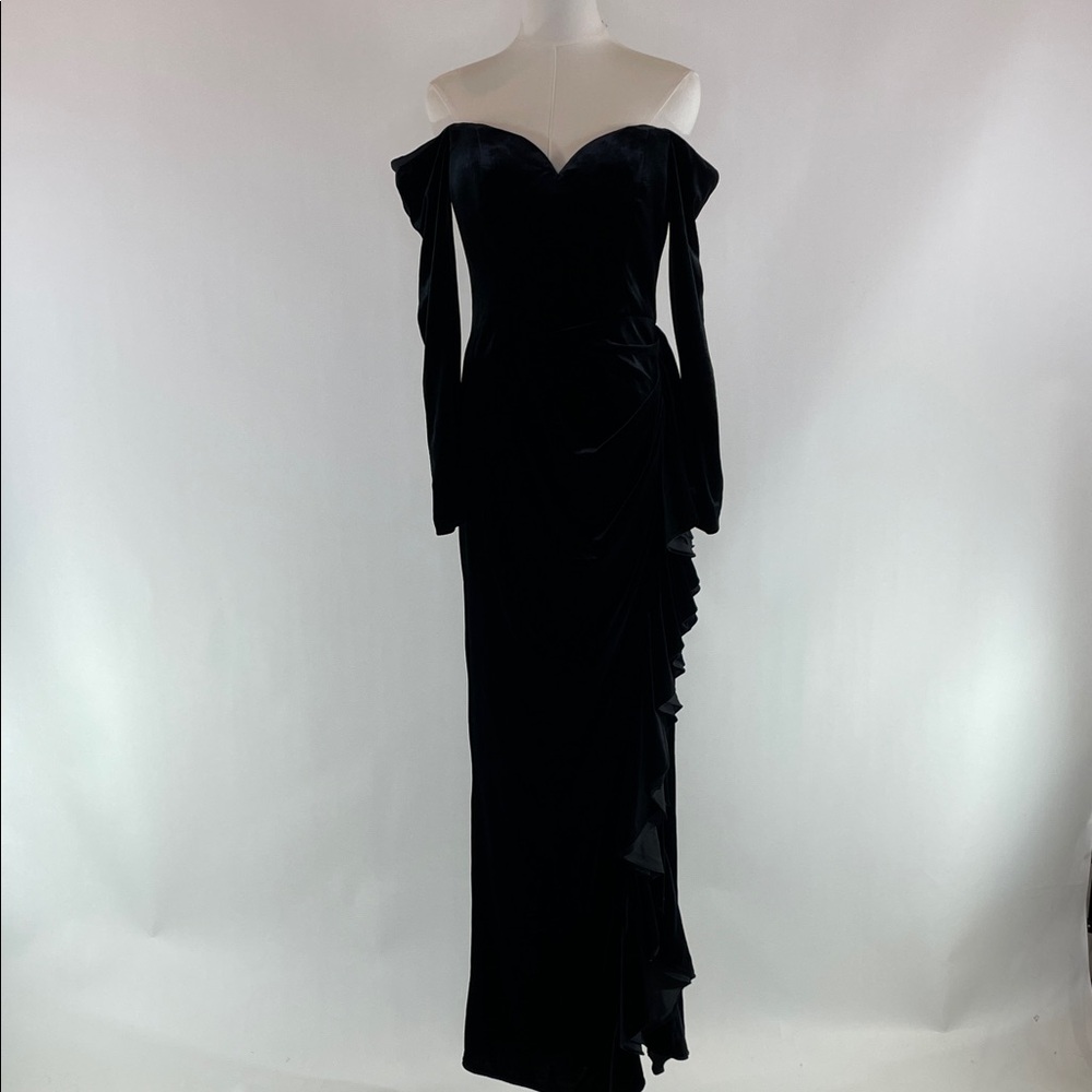 Badgley Mischka Draped Velvet Ruffle Gown, 4 - Picture 7 of 17